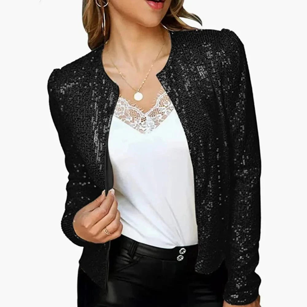 black / S Gold Purple Shiny Sequins Round Neck Cardigan Jacket Women Fashion Short Coat Silver Blue Nothing Red Outerwear Female Overcoat