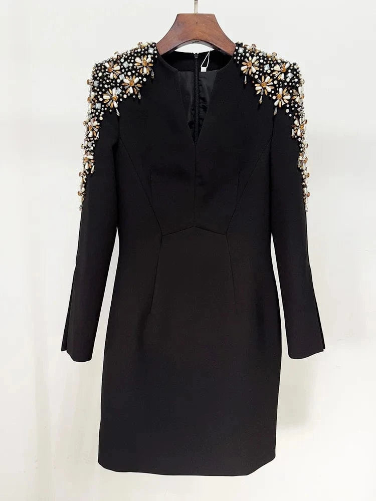 black / S HIGH STREET Newest 2025 Designer Fashion Women's Long Sleeve Diamonds Beaded Midi Dress