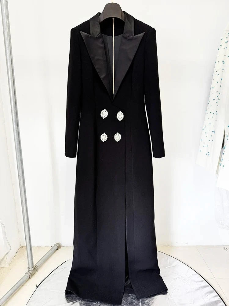 black / S HIGH STREET Newest 2025 Designer Vestido Women's Diamonds Buttons Notched Collar Slit Long Maxi Dress