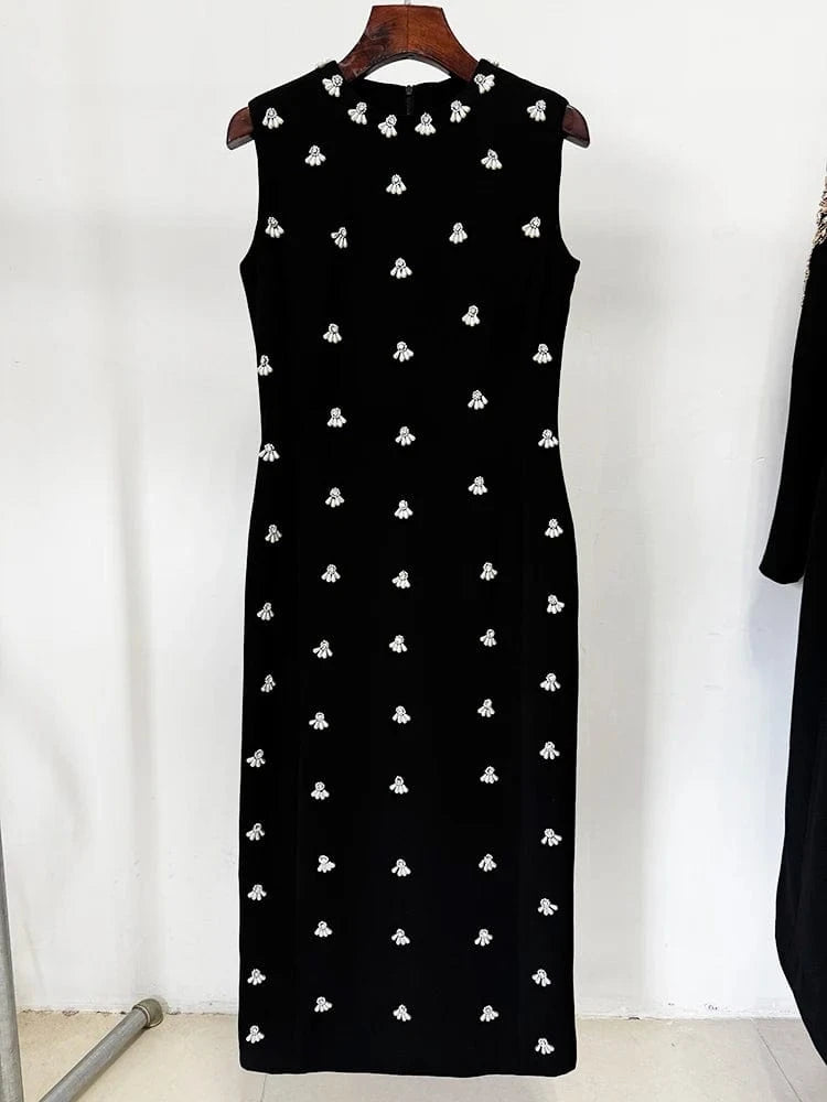 black / S HIGH STREET Newest 2025 S/S Designer Vestido Women's Sleeveless Pearls Beaded Midi Tank Dress