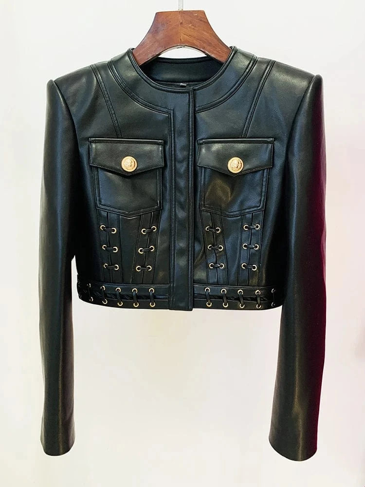 black / S HIGH STREET Newest Fashion 2025 Designer Blazer Women's O-neck Rope Lace-Up Trimmed Artificial Leather Jacket