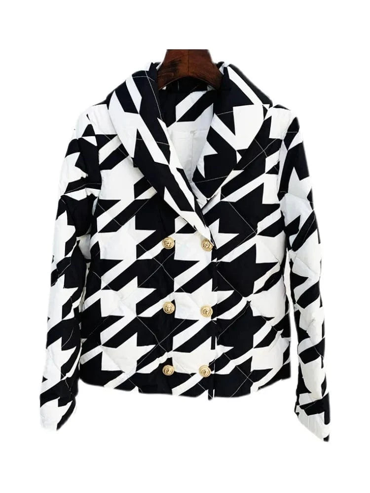 black / S HIGH STREET Newest Winter 2025 Designer Outerwear Women's Cool Lion Buttons Houndstooth Geometric Printed White Duck Down Coat