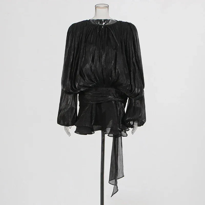 BLACK / S TWOTWINSTYLE Loose Solid Dresses For Women Round Neck Lantern Sleeve High Waist Spliced Fold Mini Chic Dress Female Fashion 2025