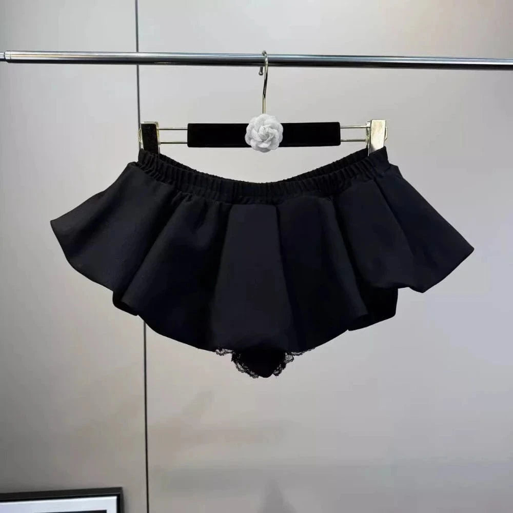 BLACK / S VGH Hotsweet Flower Bud Skirt for Women Spliced Elastic Pleated Slimming Solid Summer Fashion Short Skirts Female Clothing New
