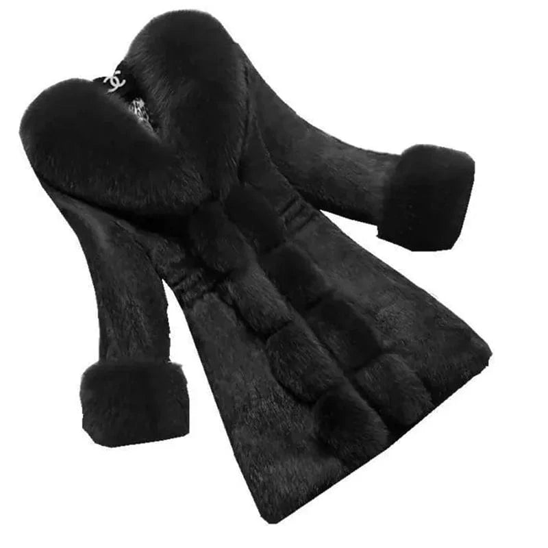 black / S Vintage 2024 New Autumn Winter Female Mid-Long Fleece Overcoat Faux Fur Fox Fur Collar Mink Fur Coat Thicken Elegant 408