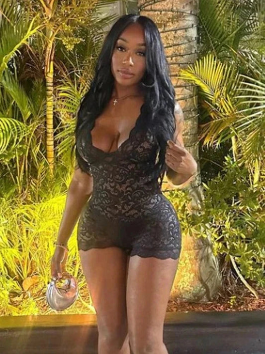 black / S Weird Puss Lace v-Neck See-Through Rompers Woman Summer Sexy Thin Solid Sleeveless Low-Neck Stretch Peach Hip Skinny Playsuit