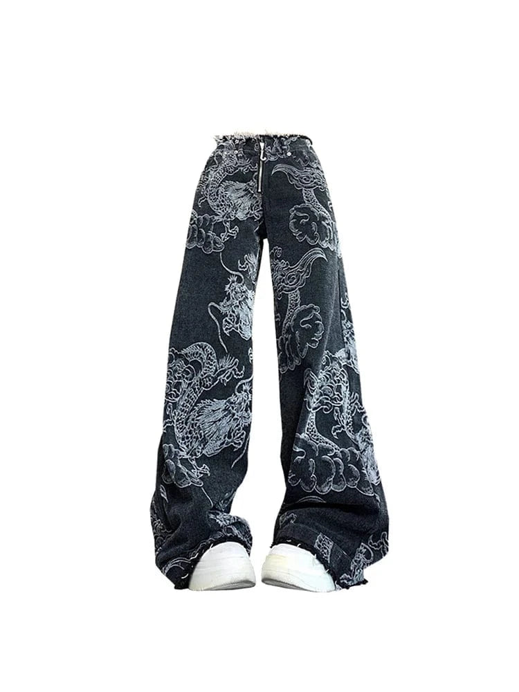 Black / S Women Black Gothic Dragon Print Jeans Baggy Vintage Aesthetic Cowboy Pants Harajuku Denim Trousers Y2k Trashy 2000s Clothes 2024