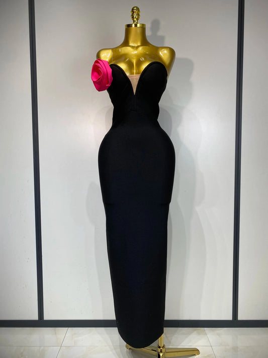 black / S Women Sexy Strapless Backless Flower Patchwork Maxi Long Bandage Dress 2025 Elegant Evening Club Luxury Birthday Party Dresses