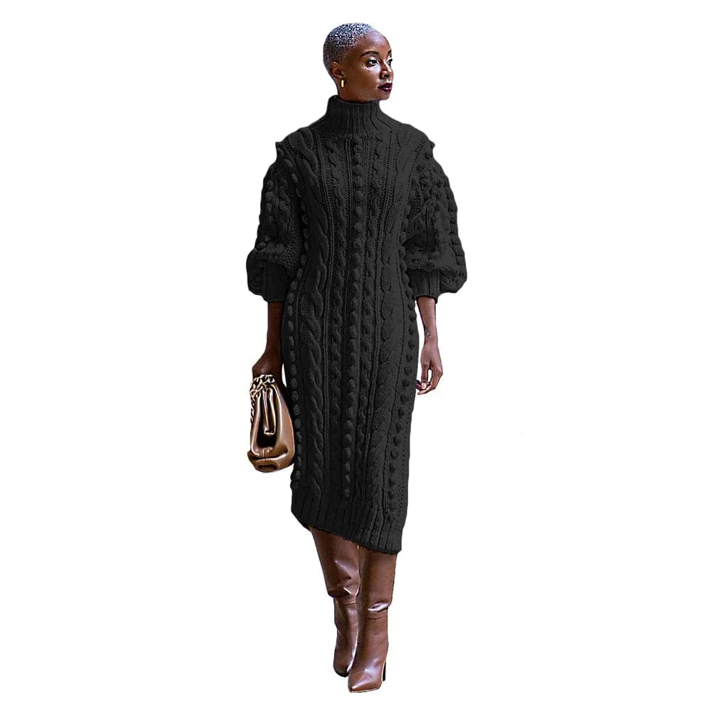 Black / S Womens Knitted Dresses High Neck Long Sleeve Sweater Dress with Split Ladies Vintage Knit Midi Dress Casual Fashion Winter