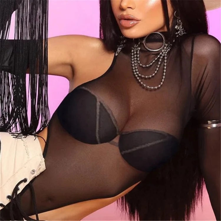 Black See Through Bodysuits Fashion Outfits 2024 Summer Streetwear Bodycon Turtleneck Mesh Top