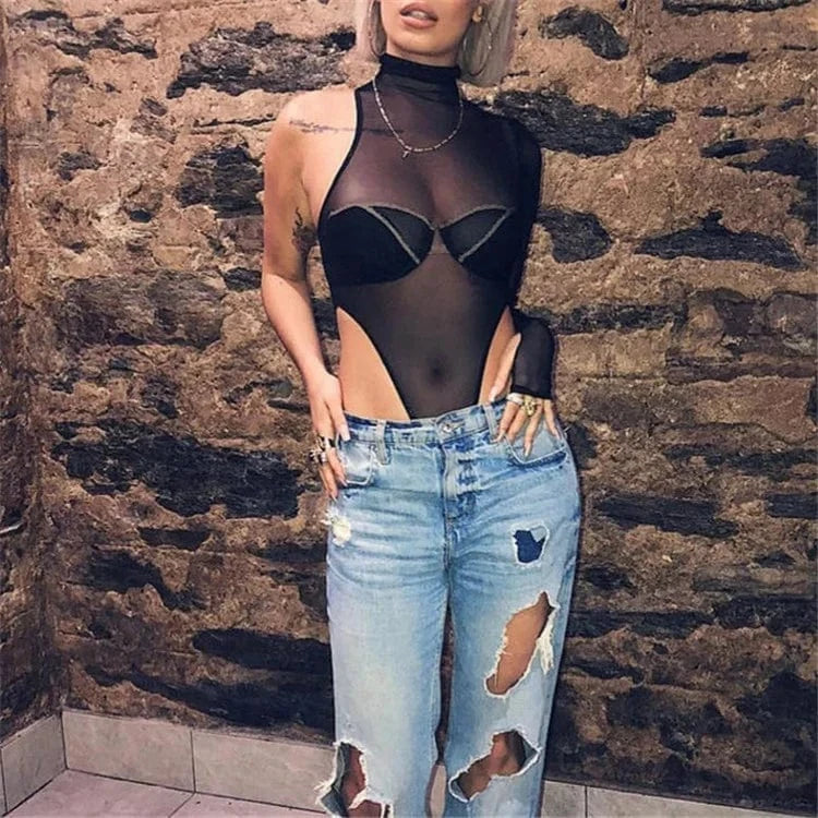 Black See Through Bodysuits Fashion Outfits 2024 Summer Streetwear Bodycon Turtleneck Mesh Top