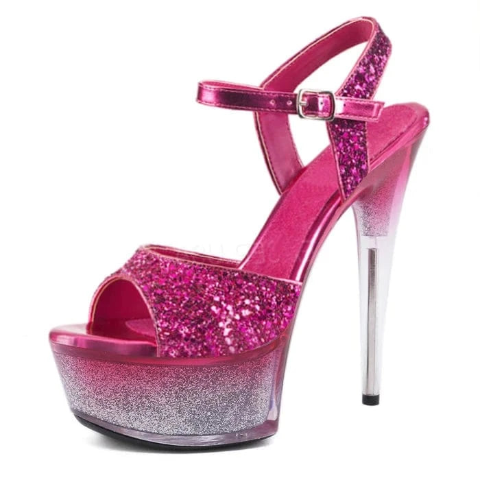 Black Sequin stiletto 15 cm women's buckle high heels model show thick platform leaky toe women's 6-inch sandals