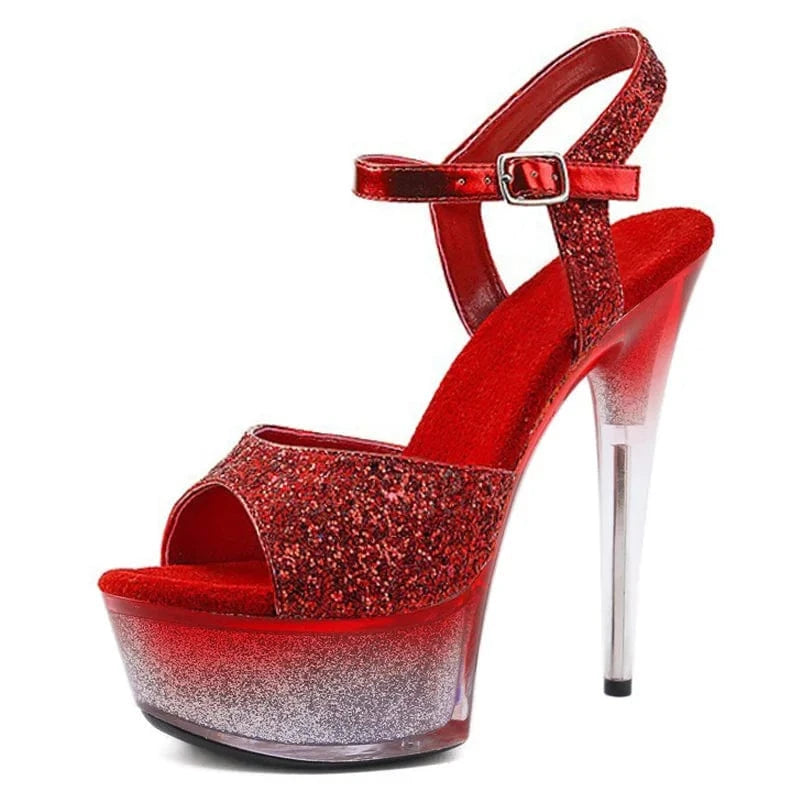 Black Sequin stiletto 15 cm women's buckle high heels model show thick platform leaky toe women's 6-inch sandals
