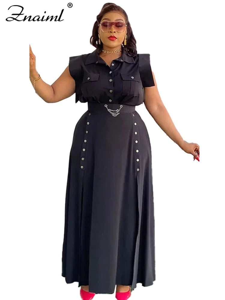 black sets / XXXL Znaiml Summer Birthday Party Evening 2 Piece Dress Set Women Sleeveless Shirt and Cargo Split Long Skirts Suit Vacation Outfits
