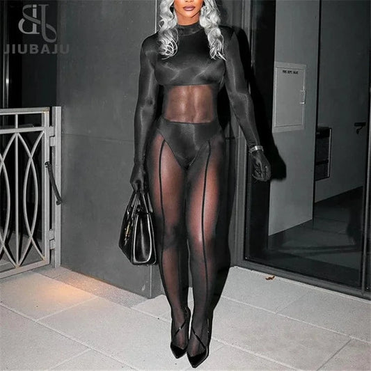 Black Sexy Mesh Patchwork Jumpsuits Night Club Outfit For Women 2024 Spring Long Sleeve High Waist Bodycon Jumpsuit