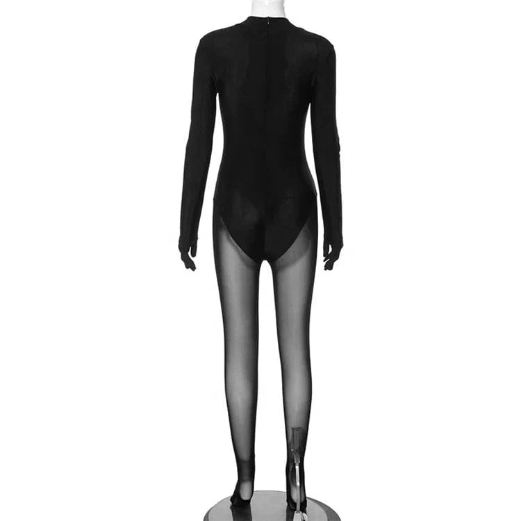 Black Sexy Mesh Patchwork Jumpsuits Night Club Outfit For Women 2024 Spring Long Sleeve High Waist Bodycon Jumpsuit