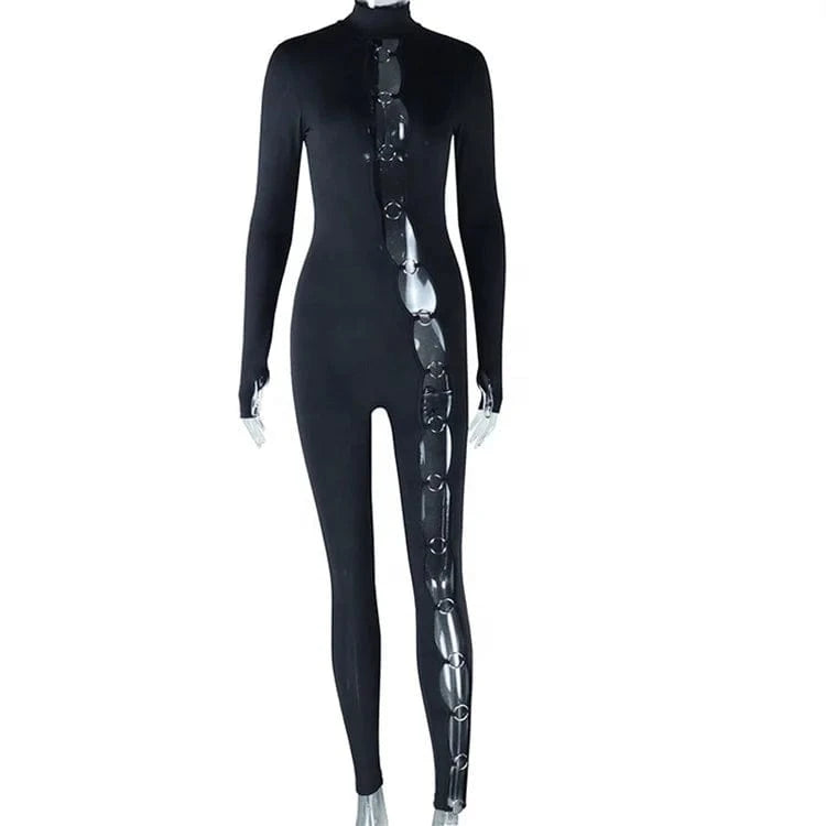 Black Sexy Metal Ring Jumpsuit Women 2024 Hollow Out Bodycon Tracksuit Long Sleeve Romper
