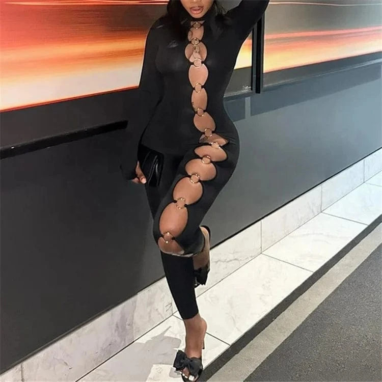 Black Sexy Metal Ring Jumpsuit Women 2024 Hollow Out Bodycon Tracksuit Long Sleeve Romper