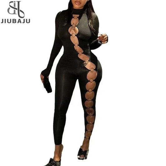Black Sexy Metal Ring Jumpsuit Women 2024 Hollow Out Bodycon Tracksuit Long Sleeve Romper