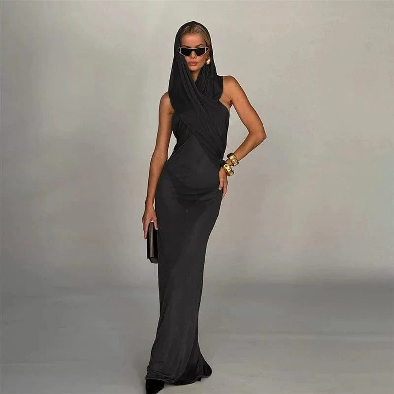 Black Sleeveless Party Ladies Maxi Hoodie Dress Woman One Piece See Through Sexy Club Backless Summer Long Women's Dresses