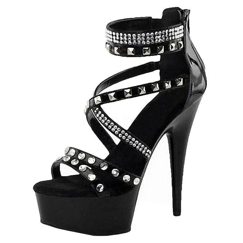 Black stiletto 15 cm rivet Gothic pole dance high heels striptease shoes T-stage model show open toe platform sandals