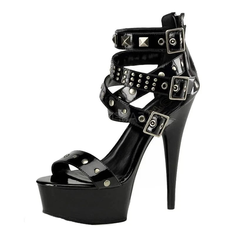 Black stiletto 15 cm Stiletto High Heels model show stiletto leaky toe rivets Gothic Club large women's sandals