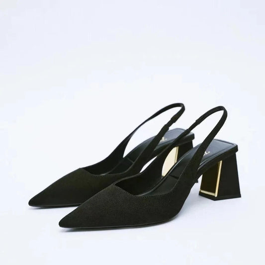 Black Summer Sandals Women Casual Pointed Toe Wrap-toe Shoes Slingback Large Size High Heel Sandals For Ladies Dress Shopping ZA Shoes