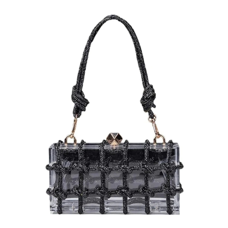 Black Transparent Wedding Party Handbags for Women Luxury Clear Acrylic Box Purse Woven Knotted Rhinestone Clutch Bag Evening Bags