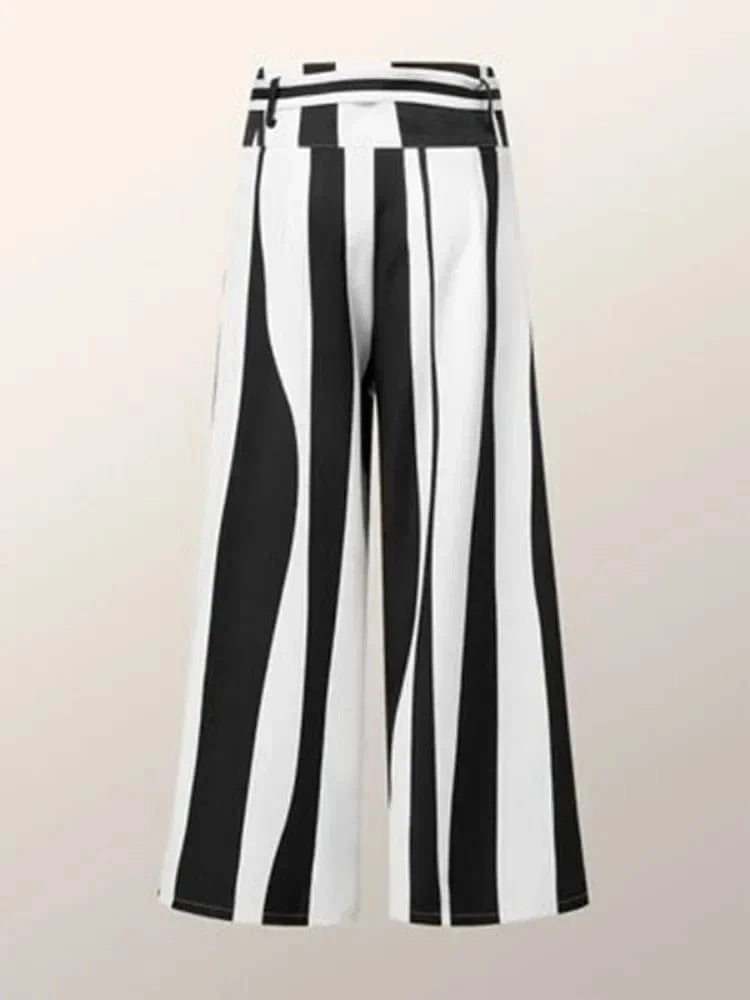 Black White Pants / S Fashion Black White Striped Wide Leg Pants Women 2024 New Autumn Lace-up High Waisted Loose Casual Commute Trousers