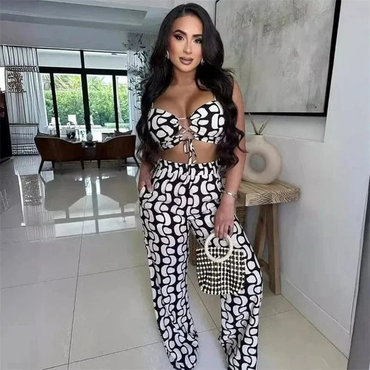 Black White Print 2 Piece Outfit Set Women Clubwear Hollow Out Spaghetti Strap Lace-up Crop Top and Wide Leg Pants Matching Sets