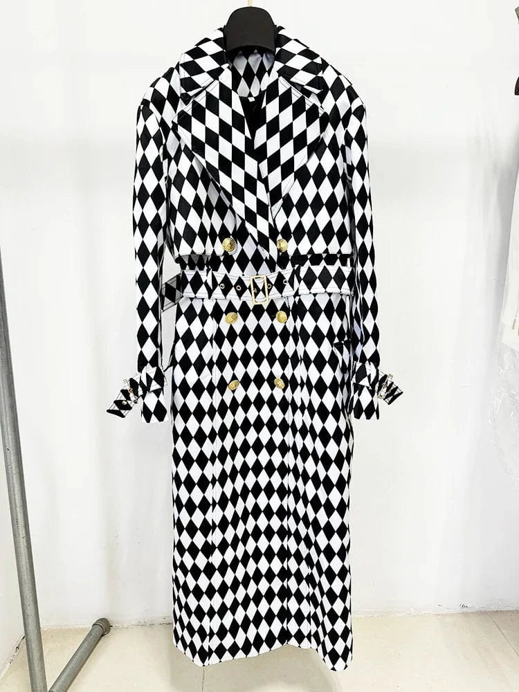 Black White / S HIGH STREET Newest Fall Winter 2024 Designer Overcoat Women's Rhombus Diamonds Printed Long Trench