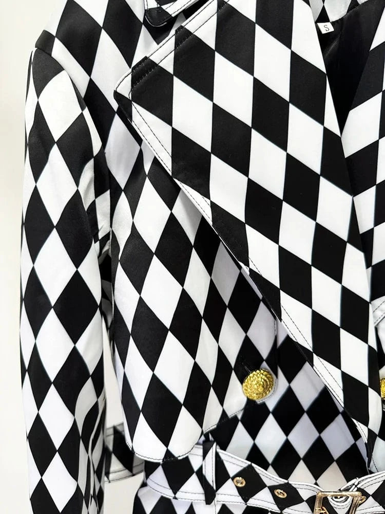 Black White / S HIGH STREET Newest Fall Winter 2024 Designer Overcoat Women's Rhombus Diamonds Printed Long Trench