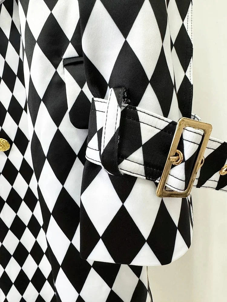 Black White / S HIGH STREET Newest Fall Winter 2024 Designer Overcoat Women's Rhombus Diamonds Printed Long Trench