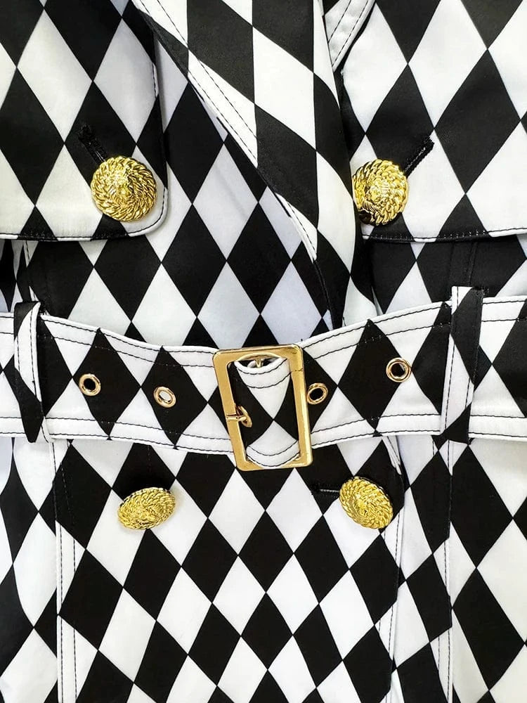 Black White / S HIGH STREET Newest Fall Winter 2024 Designer Overcoat Women's Rhombus Diamonds Printed Long Trench