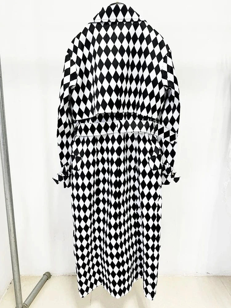 Black White / S HIGH STREET Newest Fall Winter 2024 Designer Overcoat Women's Rhombus Diamonds Printed Long Trench