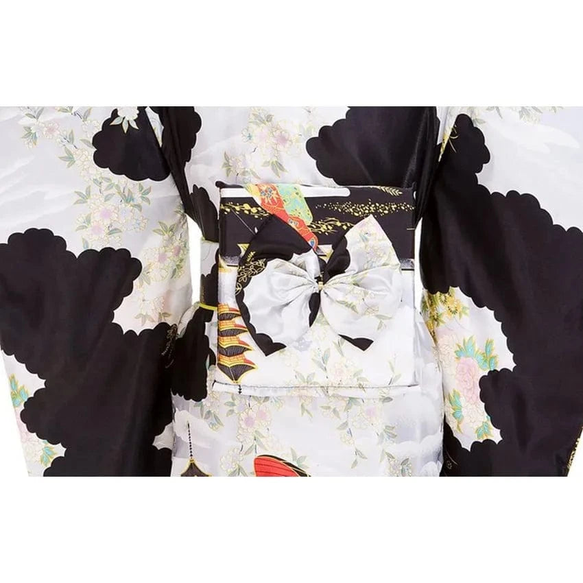 Black Woman Lady Japanese Tradition Yukata Kimono With Obi Flower Vintage Evening Dress Cosplay Costume One size ZW01