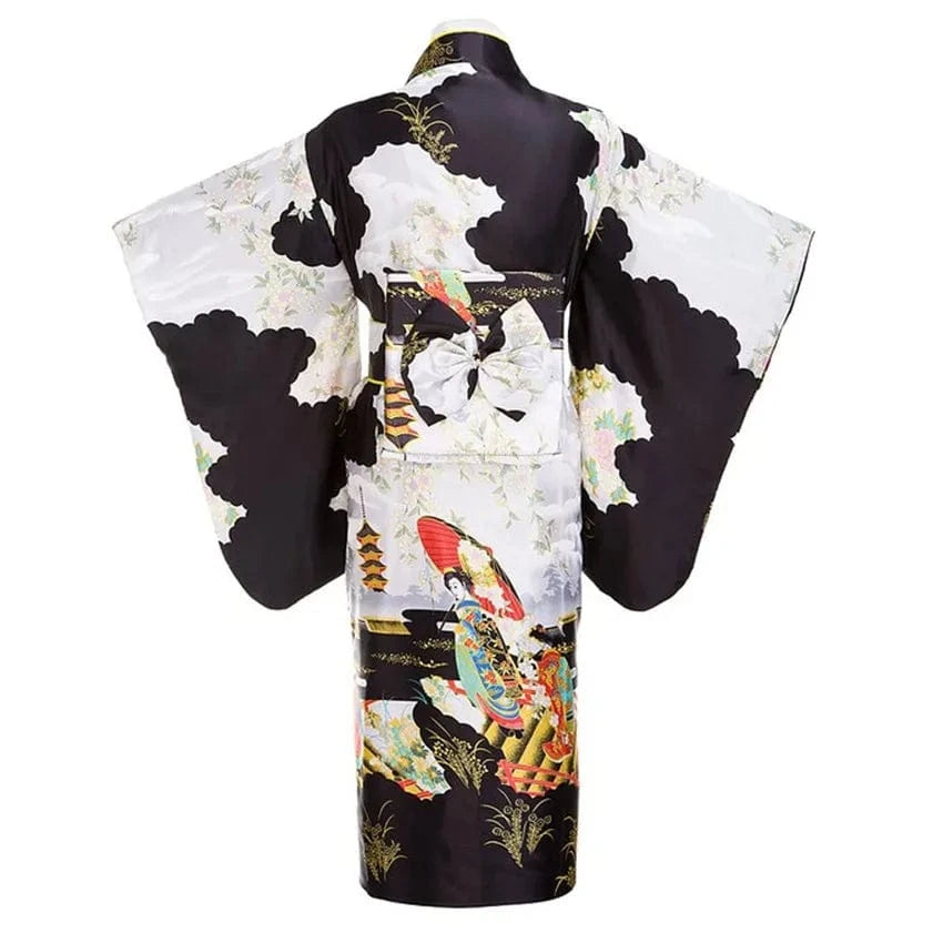 Black Woman Lady Japanese Tradition Yukata Kimono With Obi Flower Vintage Evening Dress Cosplay Costume One size ZW01