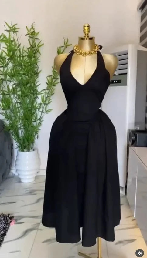 black / XL CM.YAYA Women Halter V-neck Backless Sleeveless Big Swing Bodycon Mid Maxi Long Dress 2025 Vacation Sexy Party Evening Dresses
