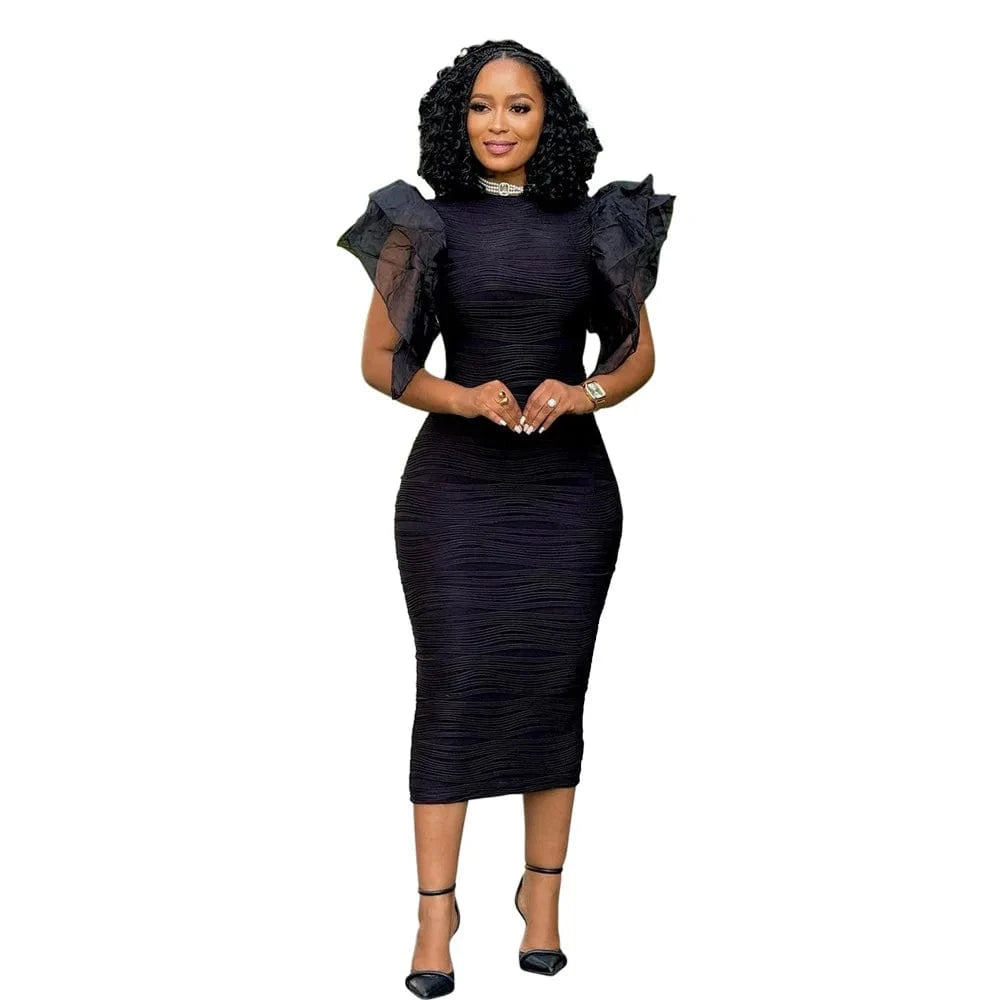 Black / XL CM.YAYA Women Ruffles Short Sleeve O-neck Striped Knee Length Dress Street Vestidos Sexy Night Club Party Evening Chic Dresses