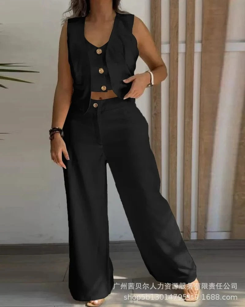 Black / XL Women New 2 Pieces Outfits Metal Button Decor V Neck Sleeveless Tank Top and Casual Plain Loose Fit Pants Set
