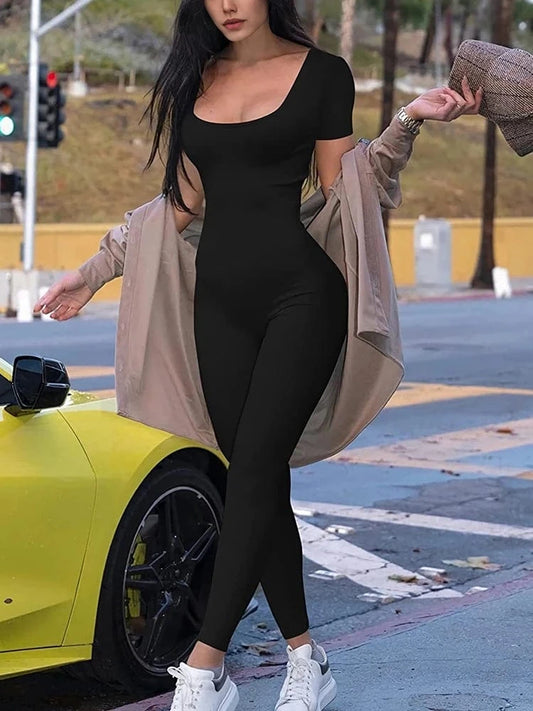Black / XL Women's Rompers Short Sleeve Solid Skinny Bodycon Jumpsuits Fashion Sports Fitness Casual Activity Streetwear Overalls
