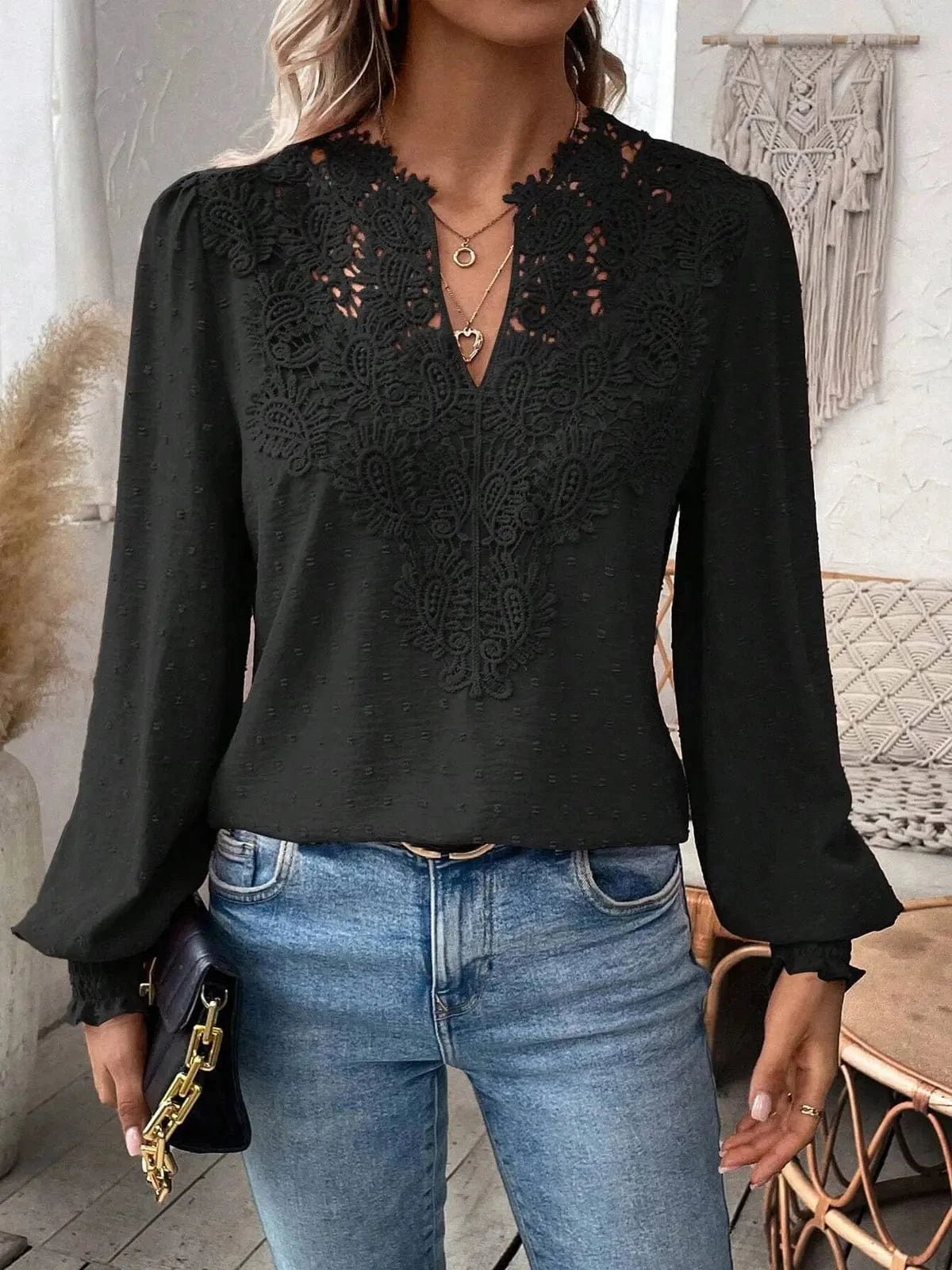 black / XL Womens Long Sleeve Sweaters Fall 2024 Trendy Sexy Lace V Neck Puff Sleeve Pullover Sweater Cute Tops