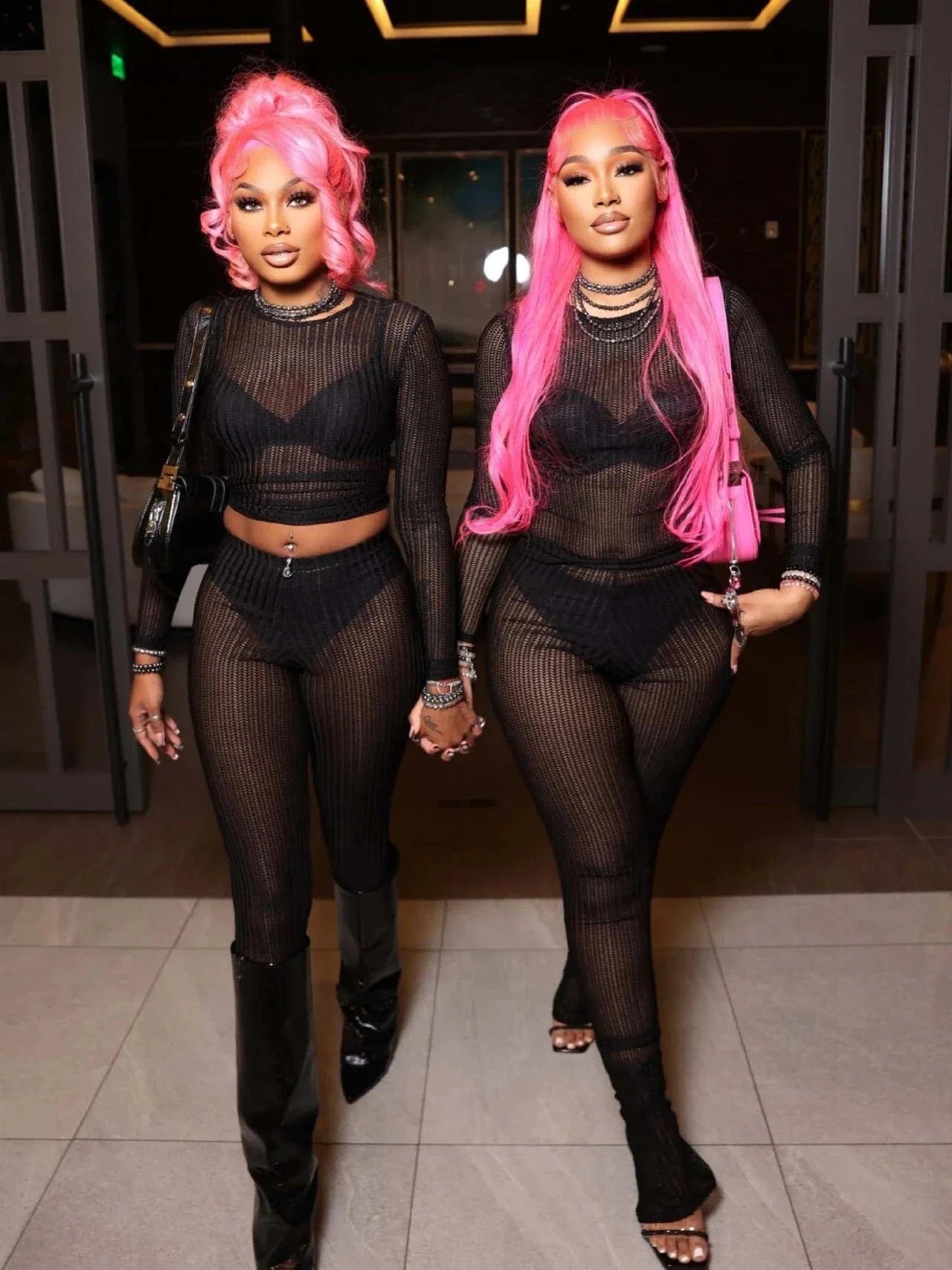Black / XS（old） CM.YAYA Fashion See Though Women's Set Long Sleeve T-shirt and Flare Pants 2024 Active Street Two 2 Piece Sets Outfits Tracksuit