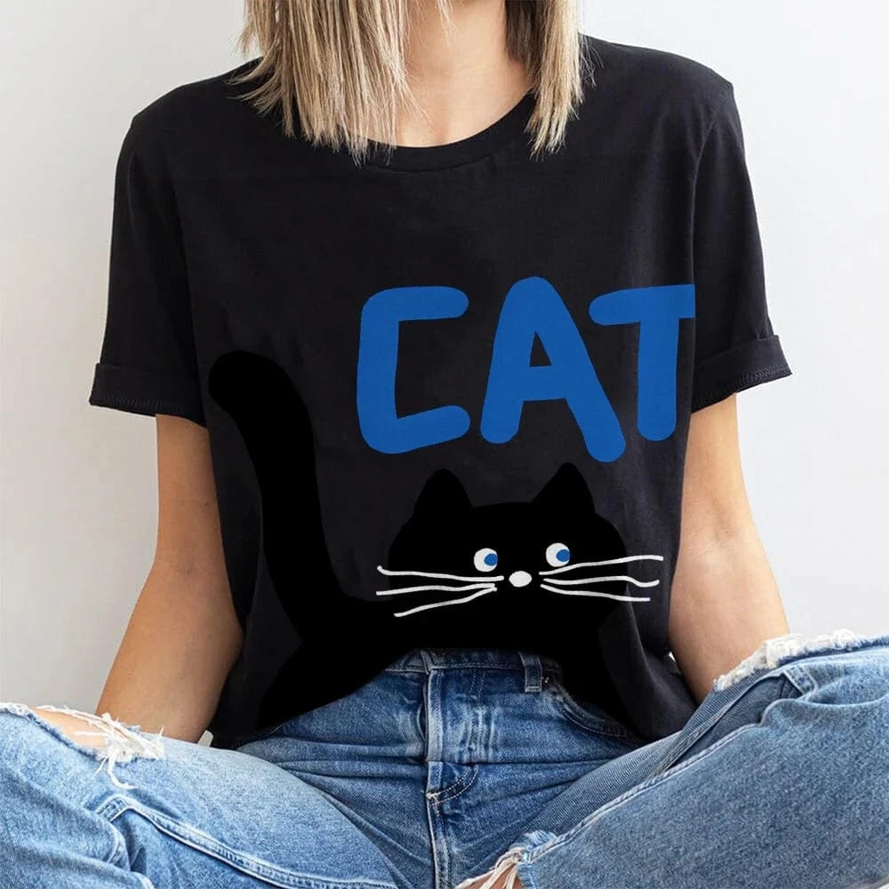 black / XS Women's Basic Crew Neck Tee Trendy Y2K Women's Short Sleeve Cartoon Cat Print Cute Aesthetic Cotton Casual T-Shirt