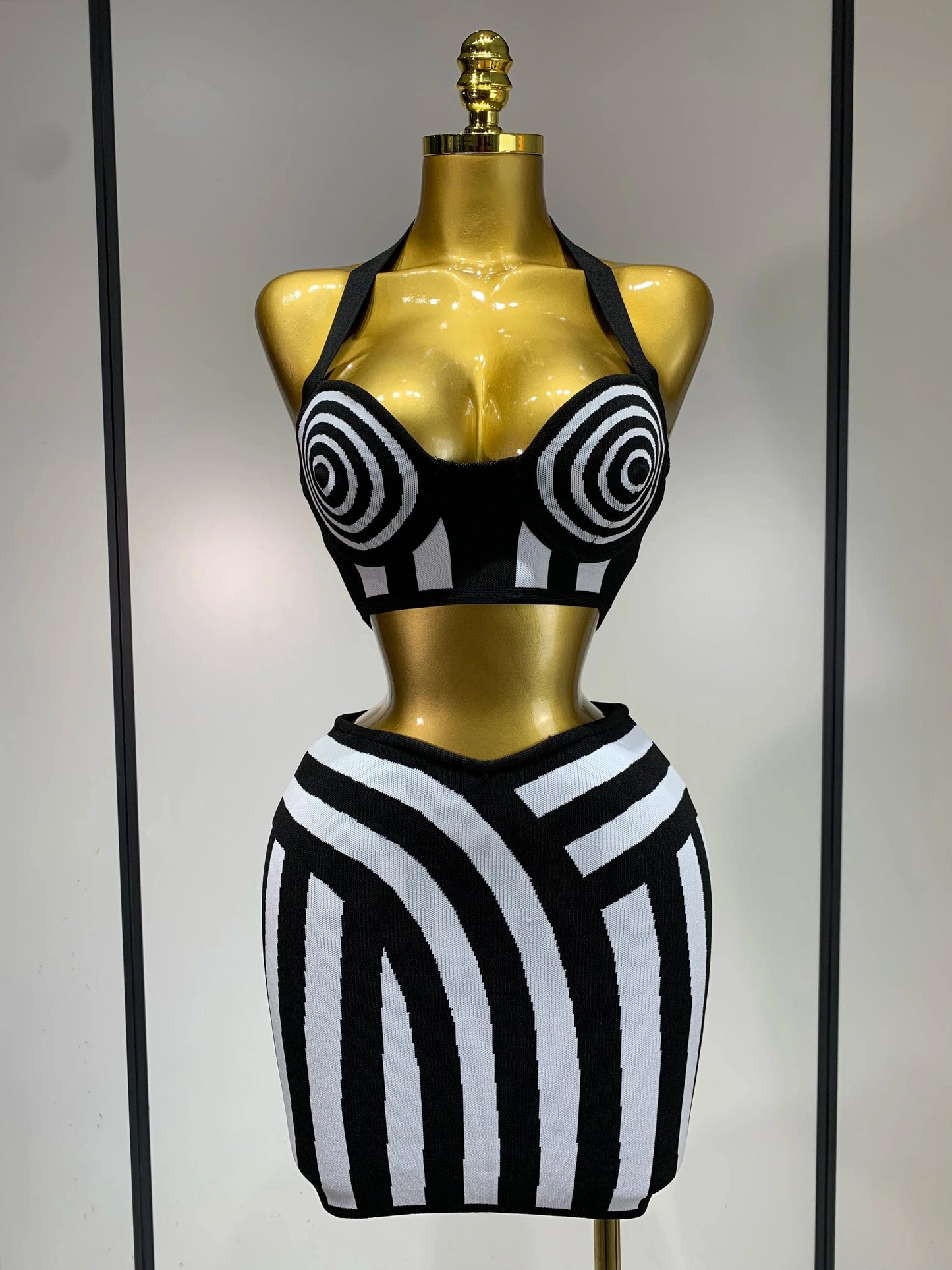 black / XS Women Sexy Backless Halter Striped Bandage Skirt Two Piece Set 2025 Knitted Celebrity Elegant Evening Birthday Party Dresses