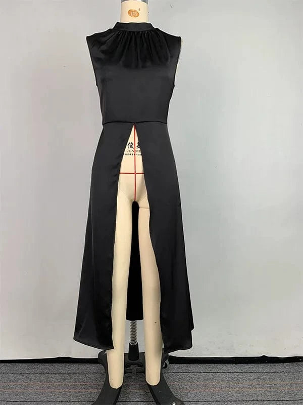 black / XXL Beautyblue Fashion Women's Vest Black X-long Tops Summer New Loose Front Slit Round-Neck Sleeveless Simple Casual Female Clothes