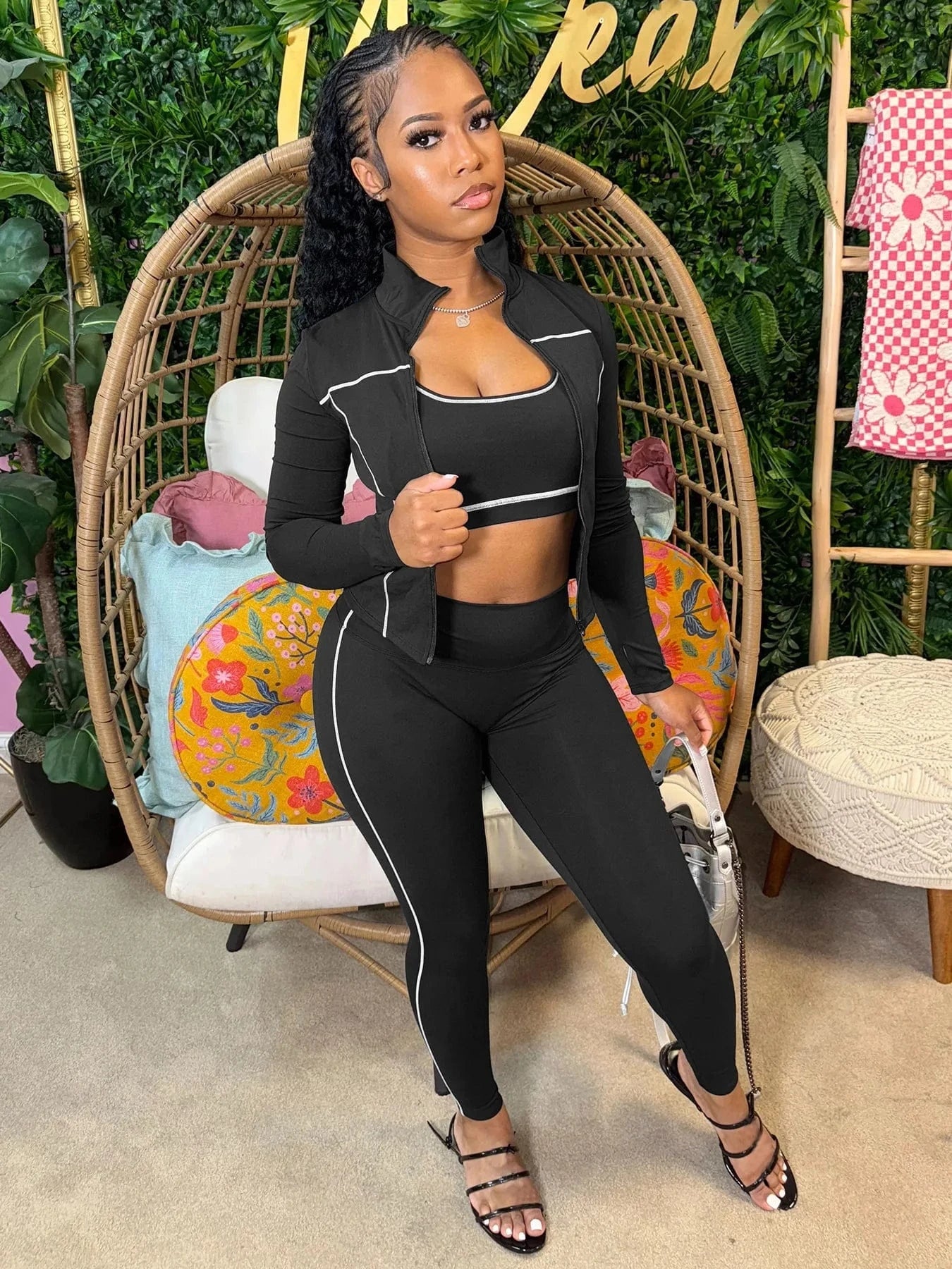 Black / XXL FAGADOER Autumn New Fashion Sports 3 Piece Sets Woman Outfit Stripe Patchwork Long Sleeve Zipper Tops + Pants Female Streetwear