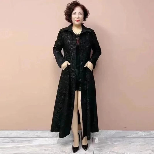 Black / XXL High End Women's Windbreaker New Spring Aumnu Oversized Women's Clothing Slimming Long Trench Jacket Fashion Mom's Outerwear 6XL