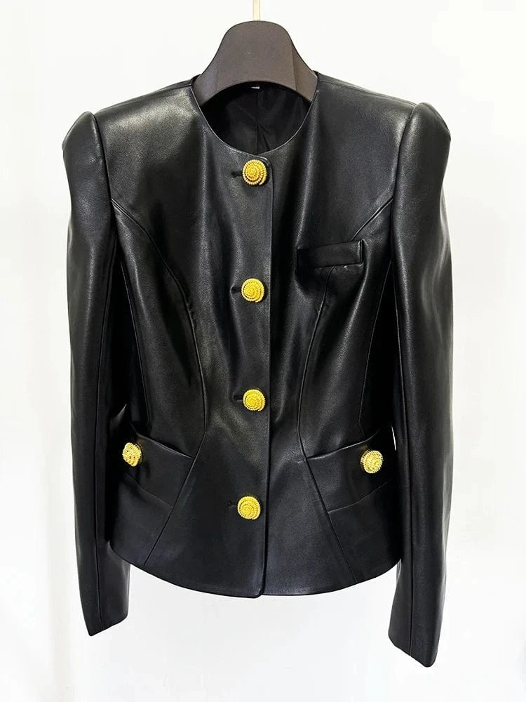 black / XXL HIGH STREET Newest 2025 Designer Jacket Women's Slim Fitting Snail Button Artificial Leather Blazer