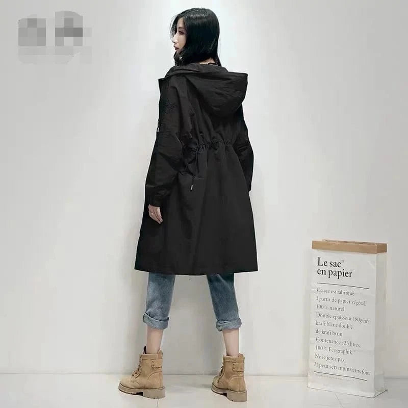 Black / XXL Long Lning Embroidered Windbreaker Women's 2025 Spring And Autumn New Chic Loose Waist-Collecting Hong Kong Fashion Coat Lady